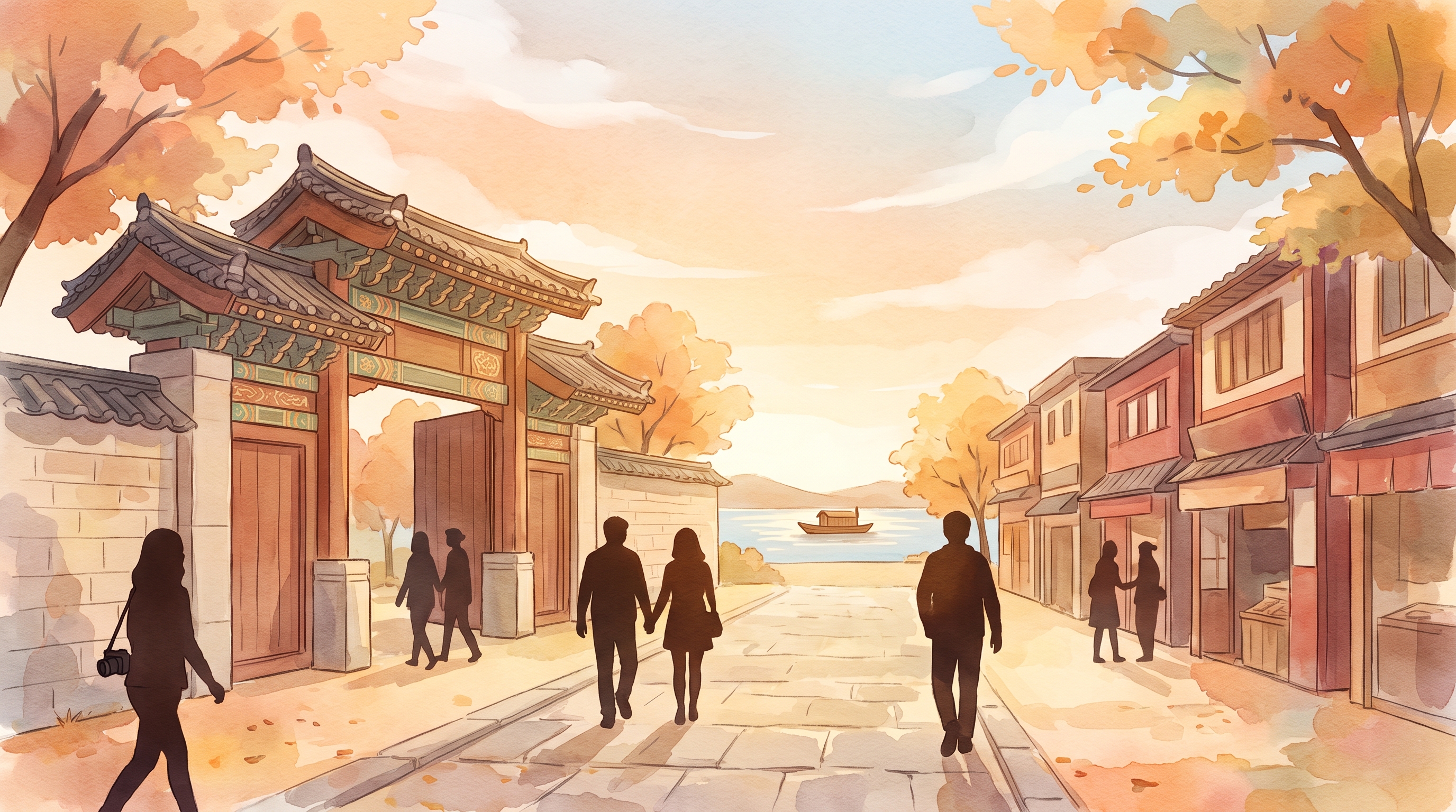 Ilustrasi cat air bergaya editorial: pejalan kaki bersiluet melewati jalur batu di antara gerbang kayu bergaya istana Korea dan deretan pertokoan kota, dengan dedaunan musim gugur jingga serta sungai dan kapal kecil di kejauhan.