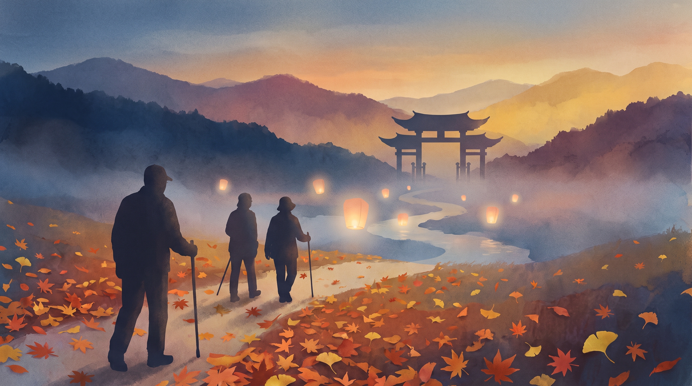 Ilustrasi cat air digital: beberapa siluet pejalan kaki menyusuri jalur setapak berlapis daun maple dan ginkgo, dengan lentera mengapung samar di atas sungai serta siluet gerbang tradisional dan punggungan gunung berkabut di latar belakang.