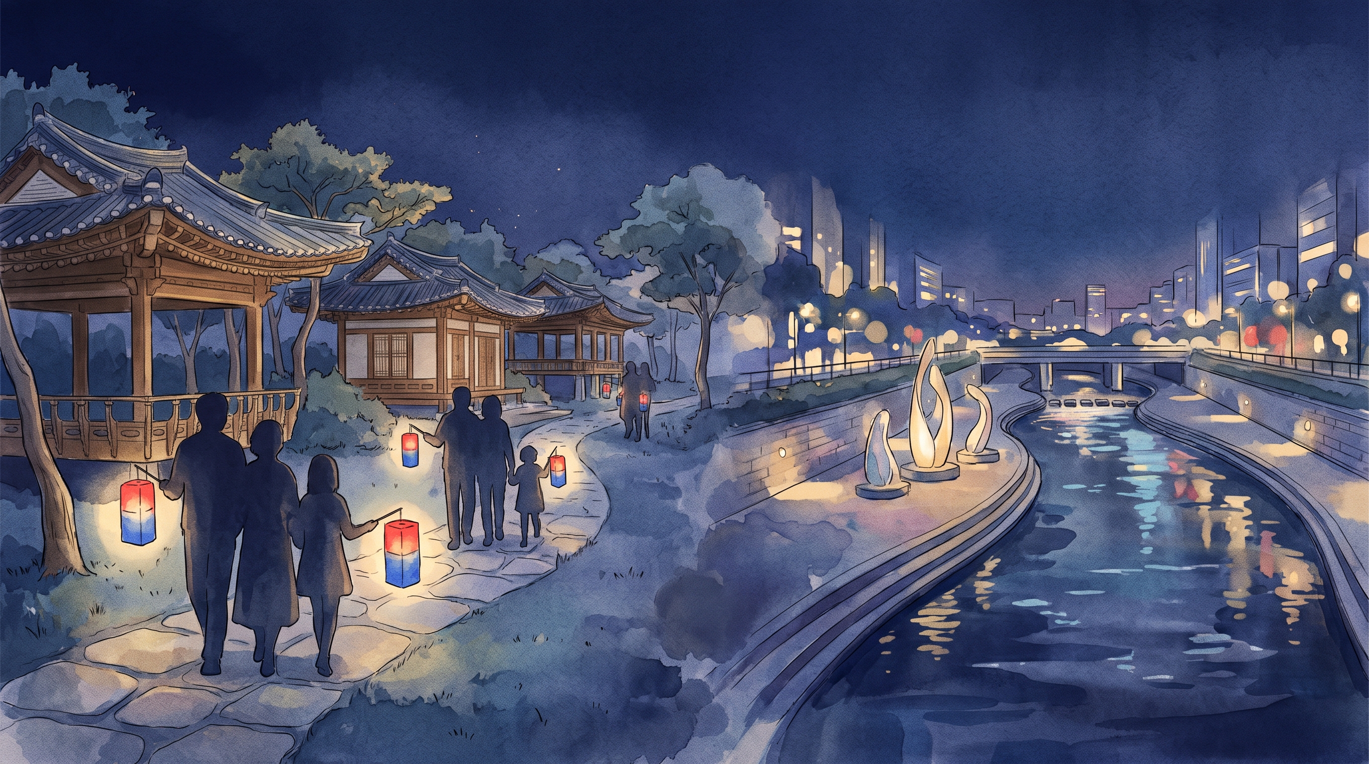 Ilustrasi cat air digital: siluet pejalan kaki membawa lentera bulat menyusuri jalur batu di antara paviliun kayu Korea, menyatu dengan jalur tepi sungai malam hari berisi bentuk patung abstrak dan pantulan lampu kota.
