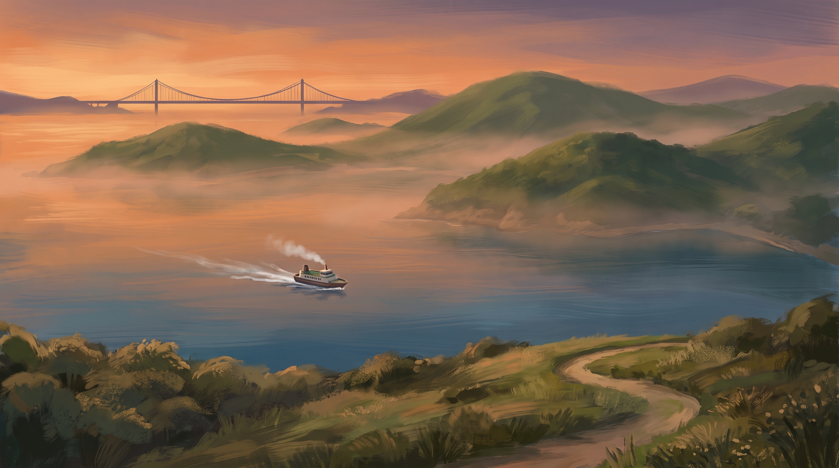 Ilustrasi panorama teluk selatan Korea dari sudut tinggi: pulau-pulau berbukit hijau berselimut kabut tipis, kapal feri kecil meninggalkan jejak putih di air, siluet jembatan panjang di kejauhan, dan jalur setapak pesisir berkelok di latar depan saat senja.